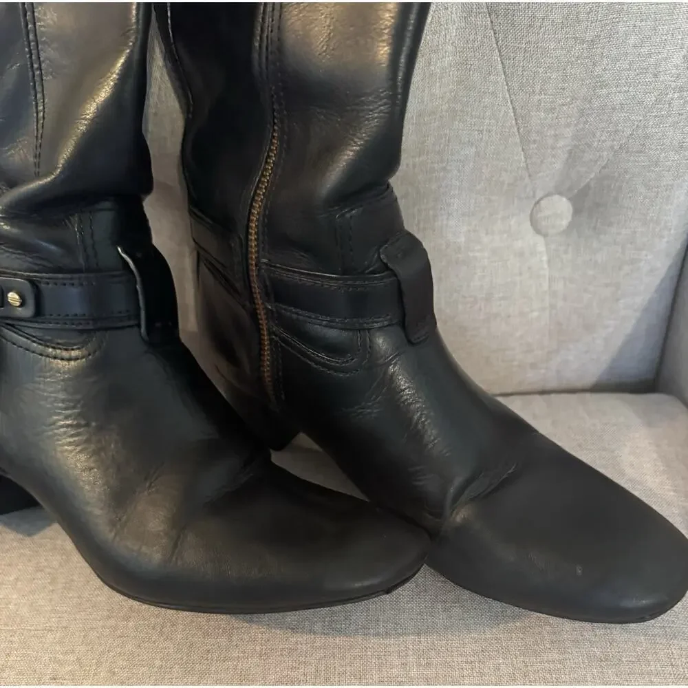 Tory Burch Donavan Riding Boots Black Leather Gold Logo Harness Knee High 7.5 - Picture 3 of 16